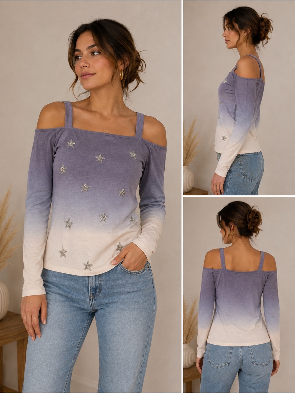 INC International Concepts Lavender-to-White Cold Shoulder Star Top